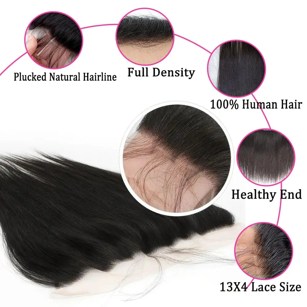 Straight Bundles Human Hair with Frontal Closure Brazilian 100% Human Hair Bundles with 13x4 Lace Frontal Virgin Weave 3 Bundles