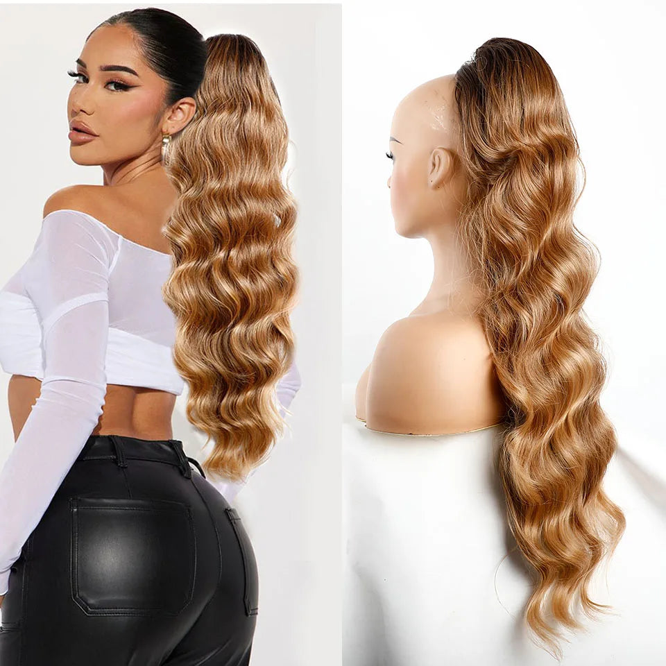 Ponytail Extension Body Wave Drawstring Ponytail Extension 28'' Long Wavy Synthetic Ponytail Hair Extension Clip in Hairpieces