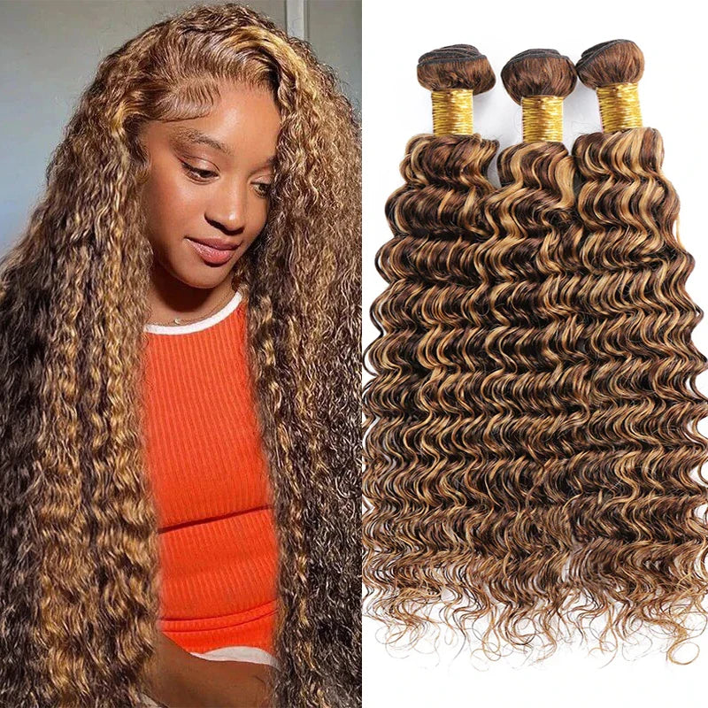 Deep Wave Bundles 4/27 Highlight 100% Brazilian Virgin Human Hair Bundles Extensions Weave Honey Blonde Brown Colored Weavings