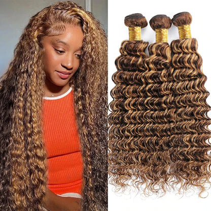 Deep Wave Bundles 4/27 Highlight 100% Brazilian Virgin Human Hair Bundles Extensions Weave Honey Blonde Brown Colored Weavings