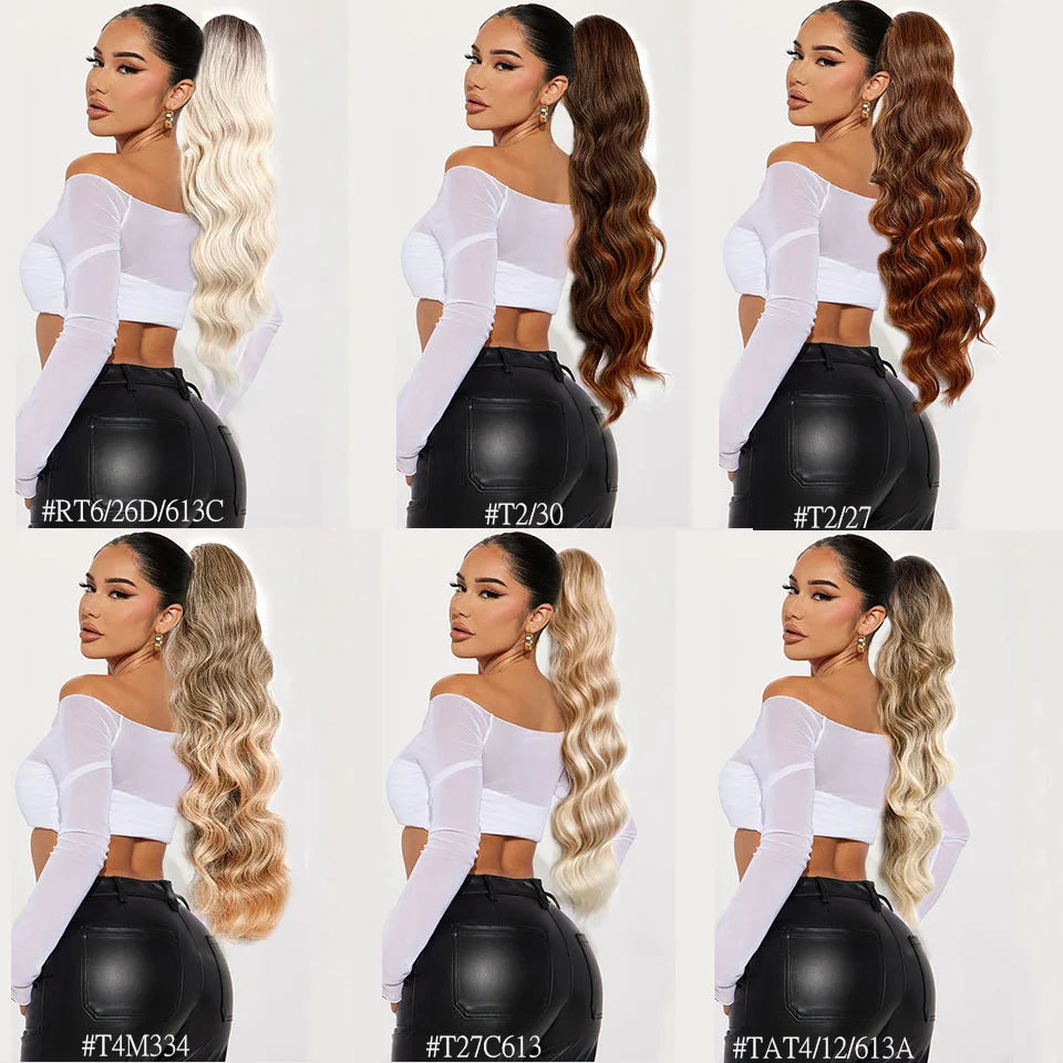 Ponytail Extension Body Wave Drawstring Ponytail Extension 28'' Long Wavy Synthetic Ponytail Hair Extension Clip in Hairpieces