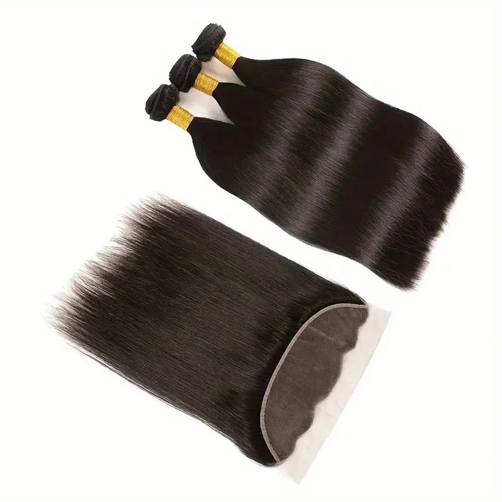 Straight Bundles Human Hair with Frontal Closure Brazilian 100% Human Hair Bundles with 13x4 Lace Frontal Virgin Weave 3 Bundles