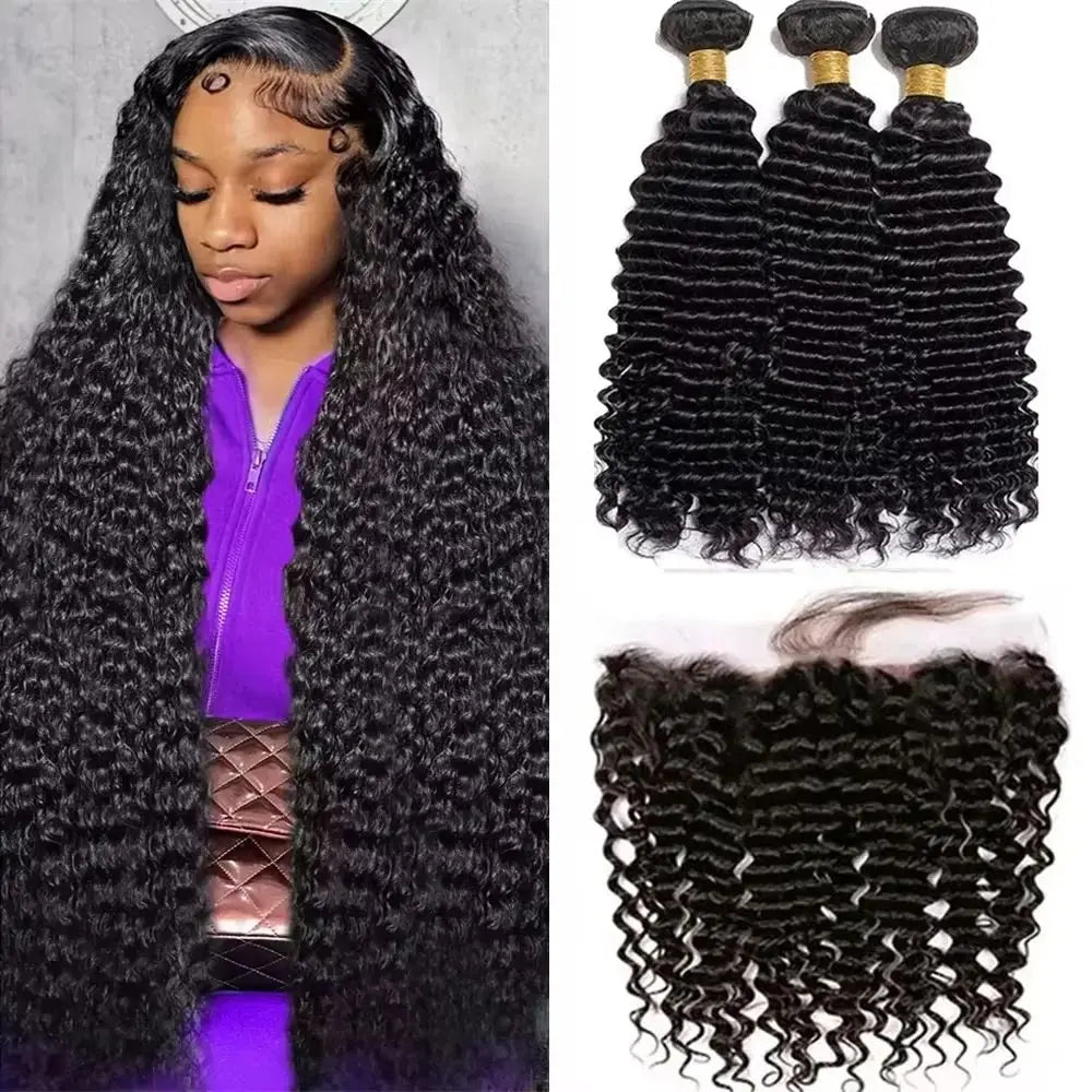 Deep Wave Bundles Human Hair With Frontal 100% Natural Human Hair Extensions 3 Bundles With13x4 Transparent Lace Frontal Closure