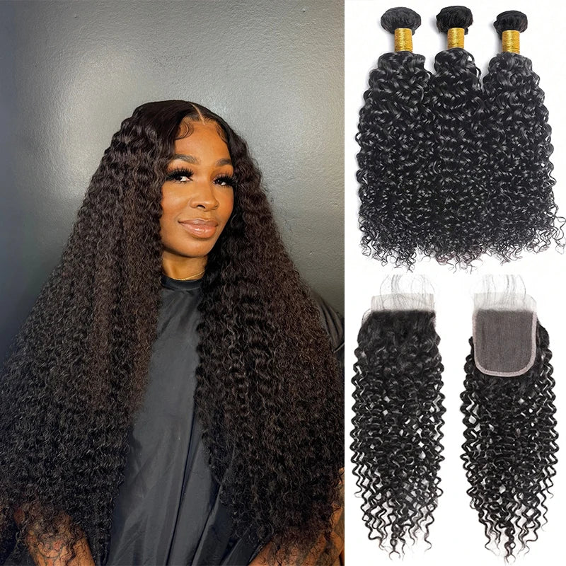 Curly Wave Human Hair Bundles With Closure 4x4 Transparent Lace 1B Color Wet and Wavy Virgin Human Hair Extensions For Women