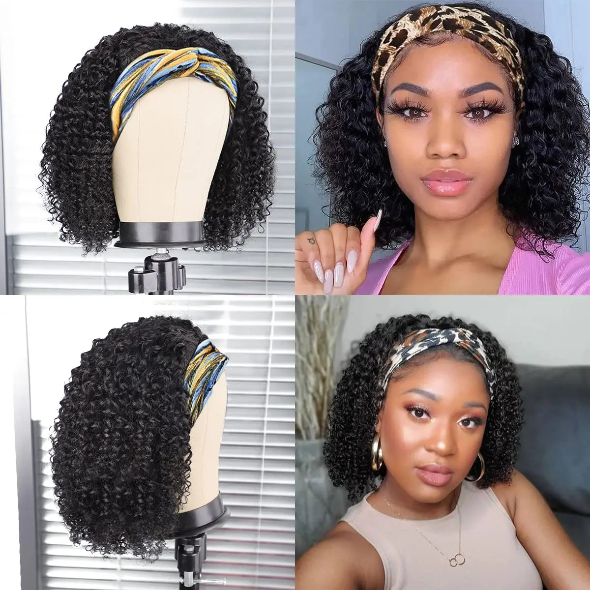 Headband Wig Human Hair Deep Wave None Lace Front Wig BOBO Human Hair Machine Made Wigs Headband Curly Human Hair Wigs for Women