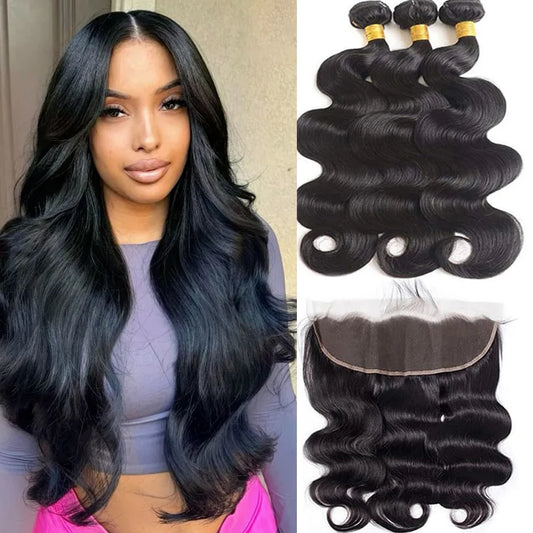 Body Wave Bundles Human Hair With Frontal 100% Natural Human Hair Extensions 3 Bundles With13x4 Transparent Lace Frontal Closure