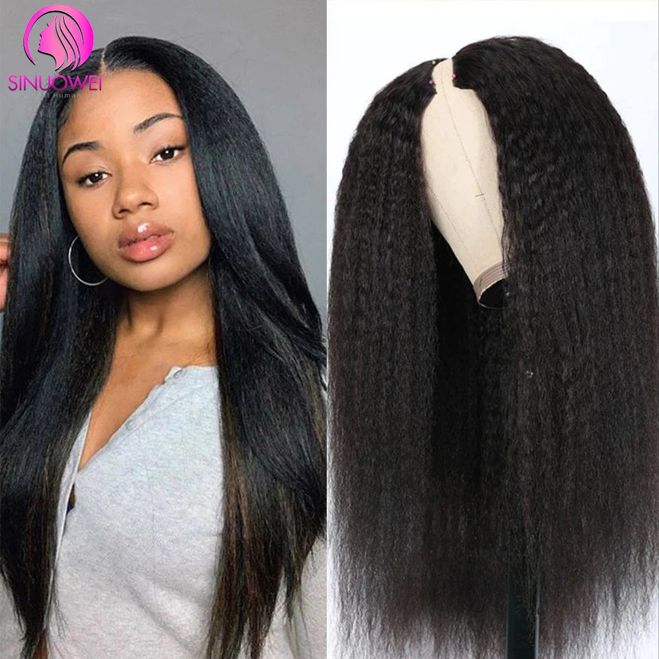 Brazilian U V Part Wig 100% Human Hair No Leave Out Kinky Straight Wig For Women V Part No Glue Natural Color Human Hair Wig
