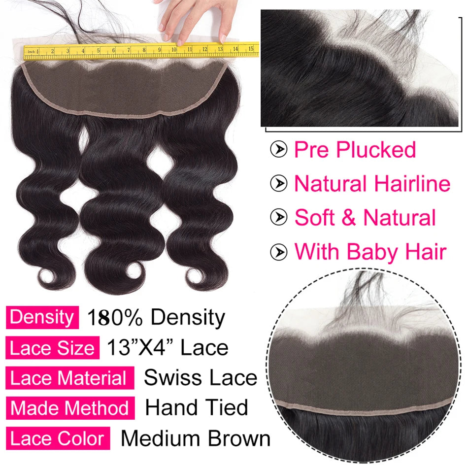 Body Wave Bundle With Frontal 13x4 HD Lace Peruvian 100% Human Hair Extension 3 Bundles With Closure Frontal Natural Color Hair
