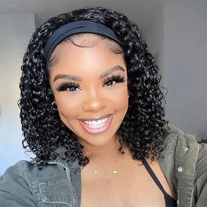 Headband Wig Human Hair Deep Wave None Lace Front Wig BOBO Human Hair Machine Made Wigs Headband Curly Human Hair Wigs for Women