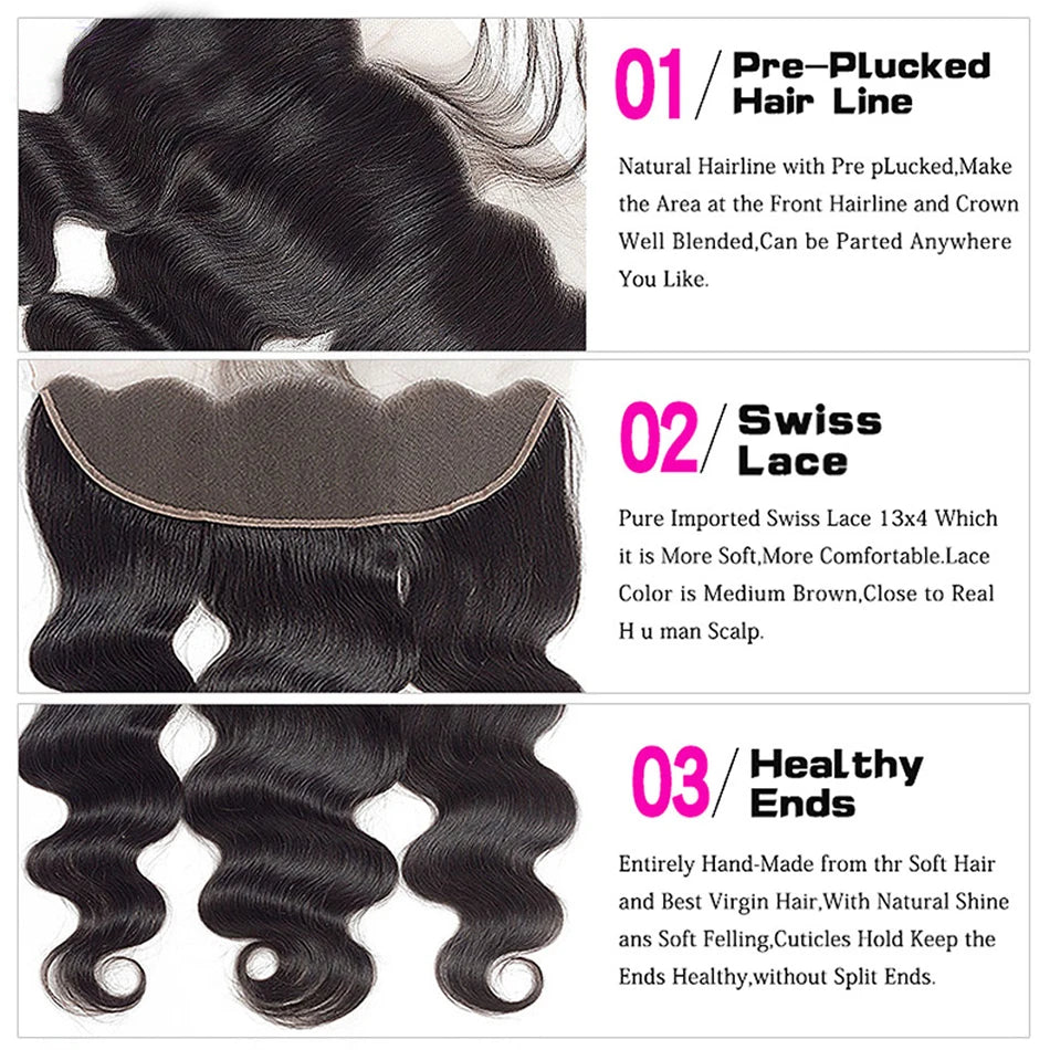Body Wave Bundle With Frontal 13x4 HD Lace Peruvian 100% Human Hair Extension 3 Bundles With Closure Frontal Natural Color Hair