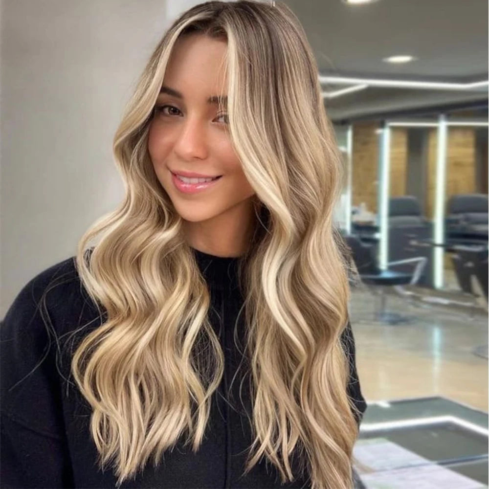 Full Lace Wig Warm Blonde Highlights Human Hair Wigs 13x6 HD Invisible Lace with Natural Roots Slight Wavy Virgin Hair 180%