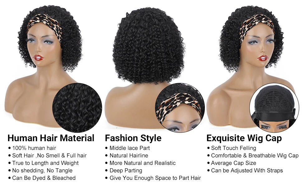 Headband Wig Human Hair Deep Wave None Lace Front Wig BOBO Human Hair Machine Made Wigs Headband Curly Human Hair Wigs for Women