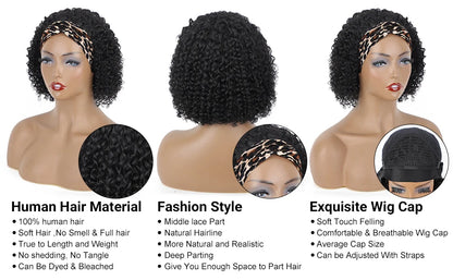 Headband Wig Human Hair Deep Wave None Lace Front Wig BOBO Human Hair Machine Made Wigs Headband Curly Human Hair Wigs for Women