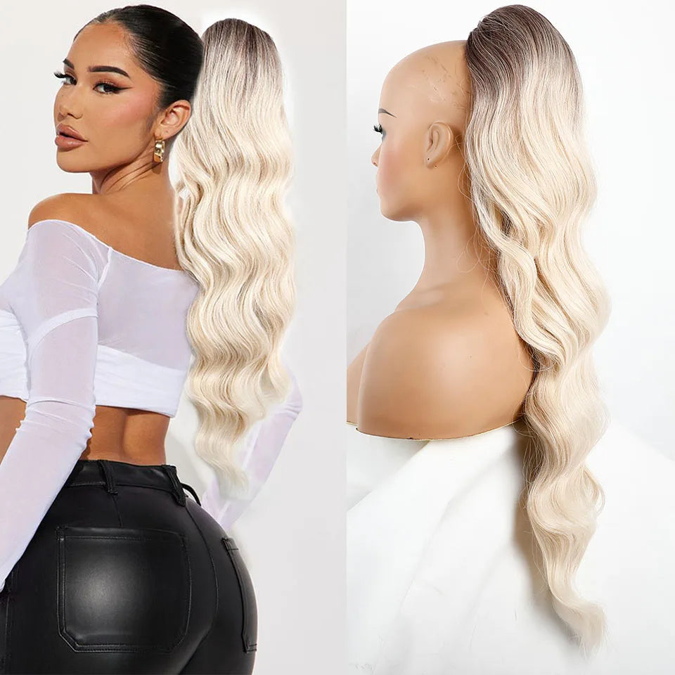 Ponytail Extension Body Wave Drawstring Ponytail Extension 28'' Long Wavy Synthetic Ponytail Hair Extension Clip in Hairpieces