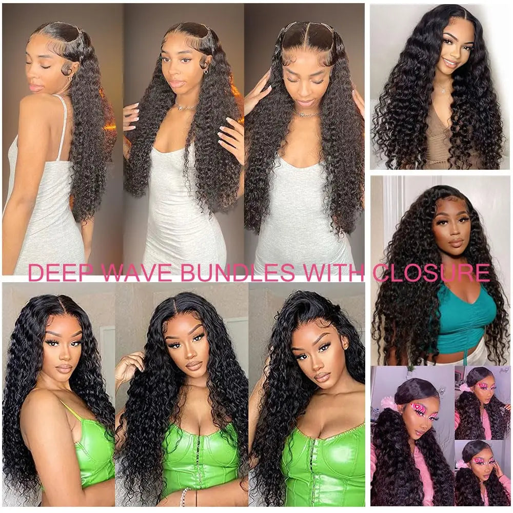 Deep Wave Bundles Human Hair With Frontal 100% Natural Human Hair Extensions 3 Bundles With13x4 Transparent Lace Frontal Closure