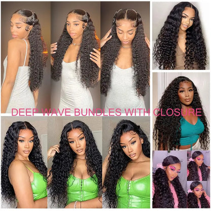 Deep Wave Bundles Human Hair With Frontal 100% Natural Human Hair Extensions 3 Bundles With13x4 Transparent Lace Frontal Closure