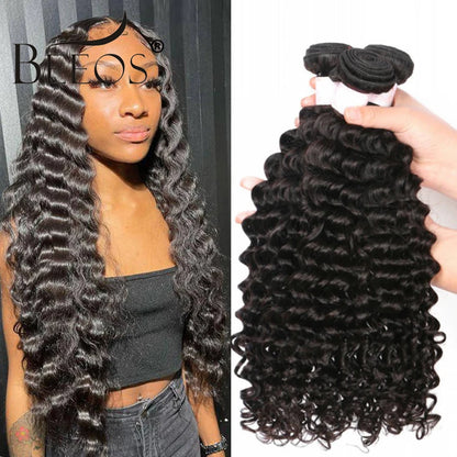 BEEOS Natural Deep Wave Bundles Double Weft Hair Extension Human Hair Deep Curly Brazilian Remy Weave Bundles 1/3 Pieces 40in
