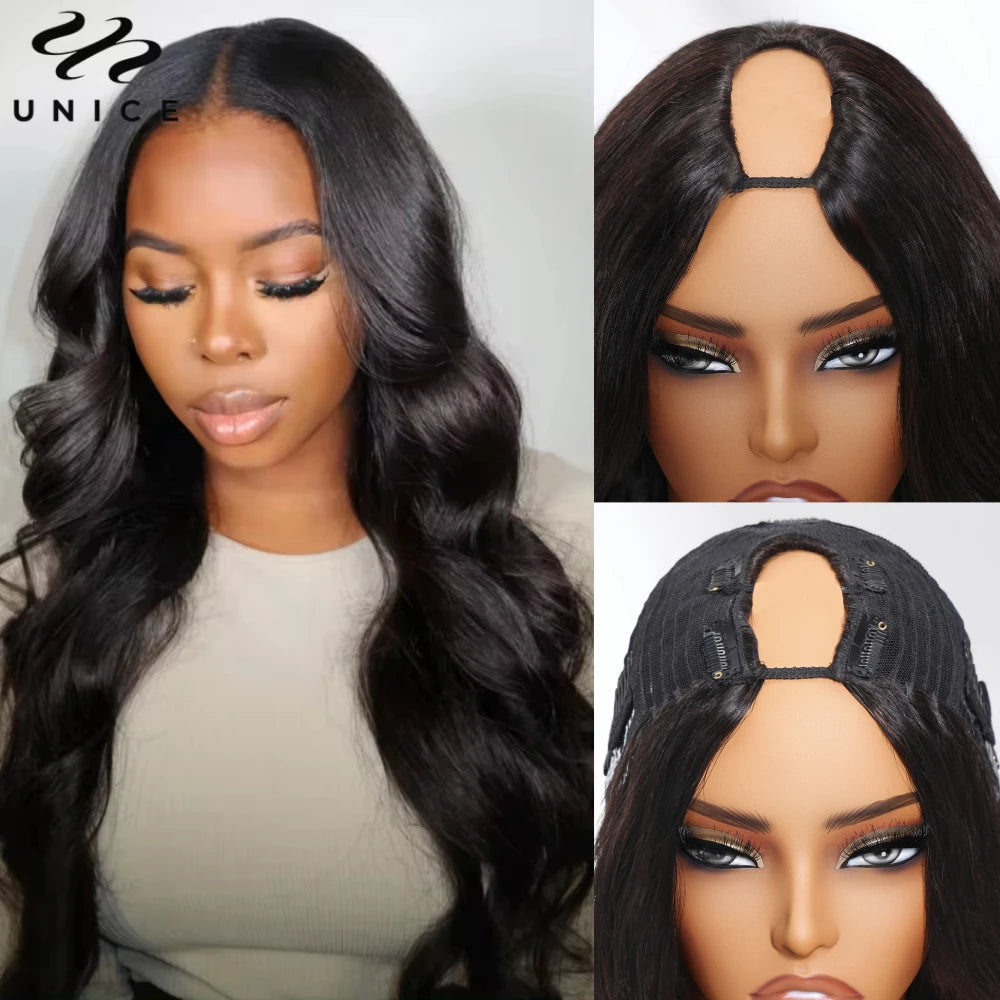 UNice Hair Upgraded Body Wave U Part Wig / V Part Wig With Elastic Drawstring 100% Human Hair Upart Wig Minimal Leave Out