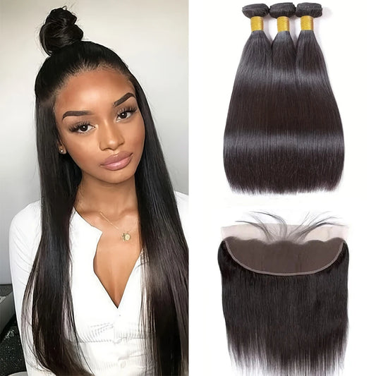 Straight Bundles Human Hair with Frontal Closure Brazilian 100% Human Hair Bundles with 13x4 Lace Frontal Virgin Weave 3 Bundles