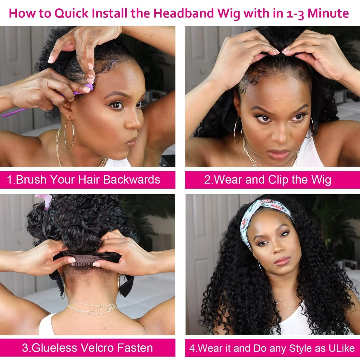 Headband Wig Human Hair Deep Wave None Lace Front Wig BOBO Human Hair Machine Made Wigs Headband Curly Human Hair Wigs for Women