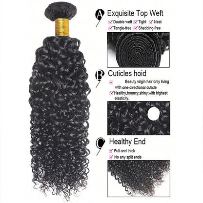 Curly Wave Human Hair Bundles With Closure 4x4 Transparent Lace 1B Color Wet and Wavy Virgin Human Hair Extensions For Women