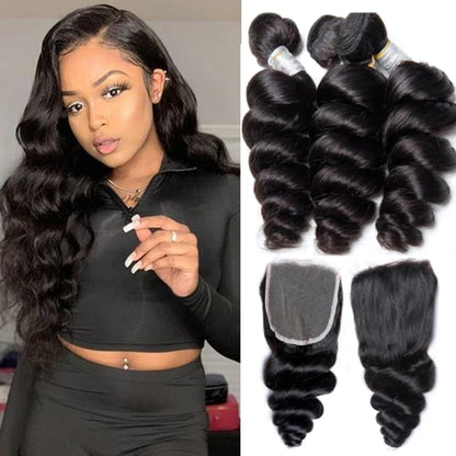 Malaysian Raw Virgin Hair Unprocessed Tissage Human Bundles HD Frontal Loose Wave Bundles With 4X4 Closure Natural Black Deep