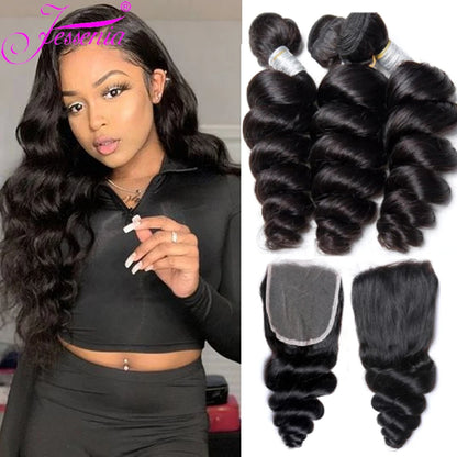 Malaysian Raw Virgin Hair Unprocessed Tissage Human Bundles HD Frontal Loose Wave Bundles With 4X4 Closure Natural Black Deep