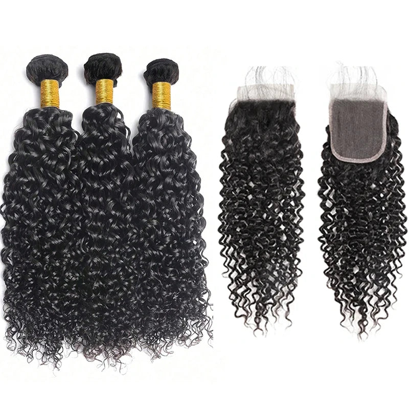 Curly Wave Human Hair Bundles With Closure 4x4 Transparent Lace 1B Color Wet and Wavy Virgin Human Hair Extensions For Women