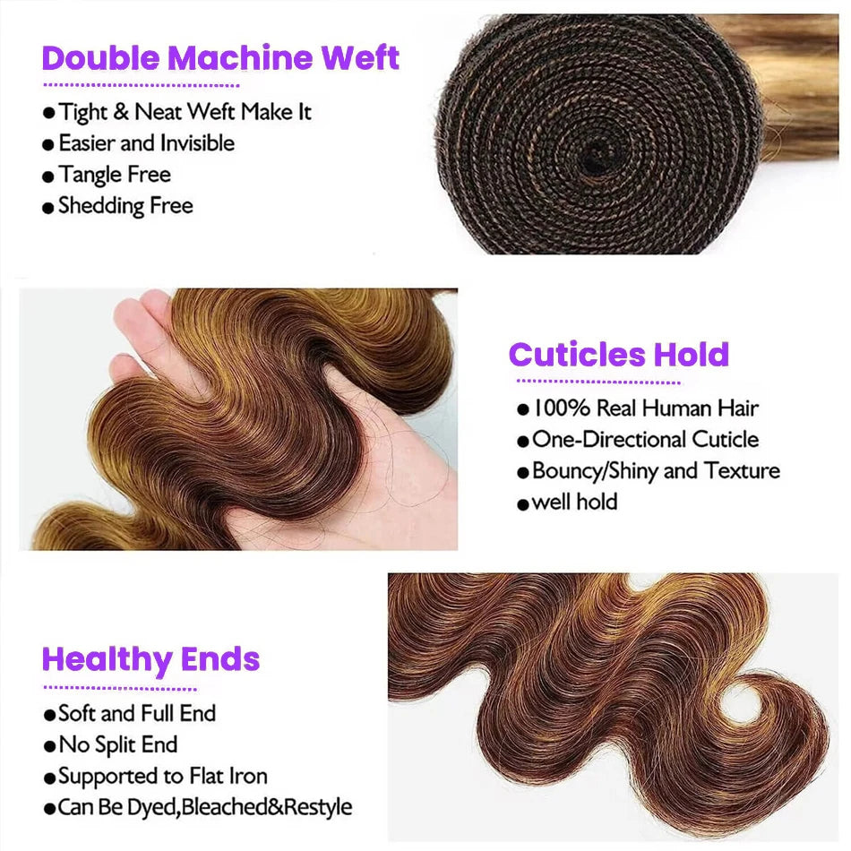 Highlight Body Wave Bundles With Frontal Honey Blonde P4/27 Body Wave Hair Bundles Human Hair Extensions with 13x4 Lace Frontal