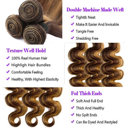Highlight Body Wave Bundles With Frontal Honey Blonde P4/27 Body Wave Hair Bundles Human Hair Extensions with 13x4 Lace Frontal