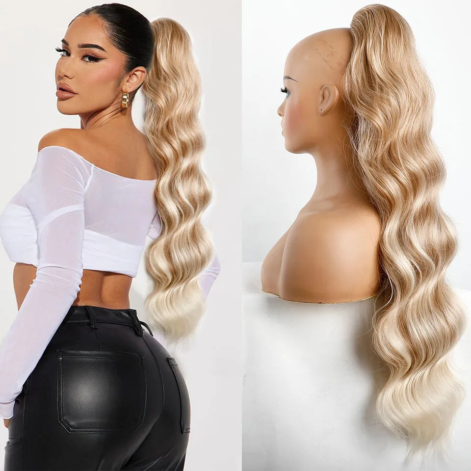 Ponytail Extension Body Wave Drawstring Ponytail Extension 28'' Long Wavy Synthetic Ponytail Hair Extension Clip in Hairpieces