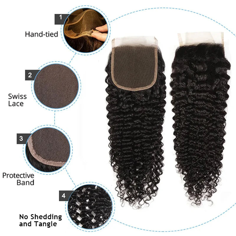 Curly Wave Human Hair Bundles With Closure 4x4 Transparent Lace 1B Color Wet and Wavy Virgin Human Hair Extensions For Women