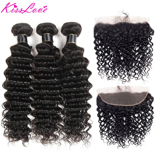Kiss Love Brazilian Hair Deep Wave Bundles With Frontal 100% Human Hair Weave Frontal with Bundles Remy Hair