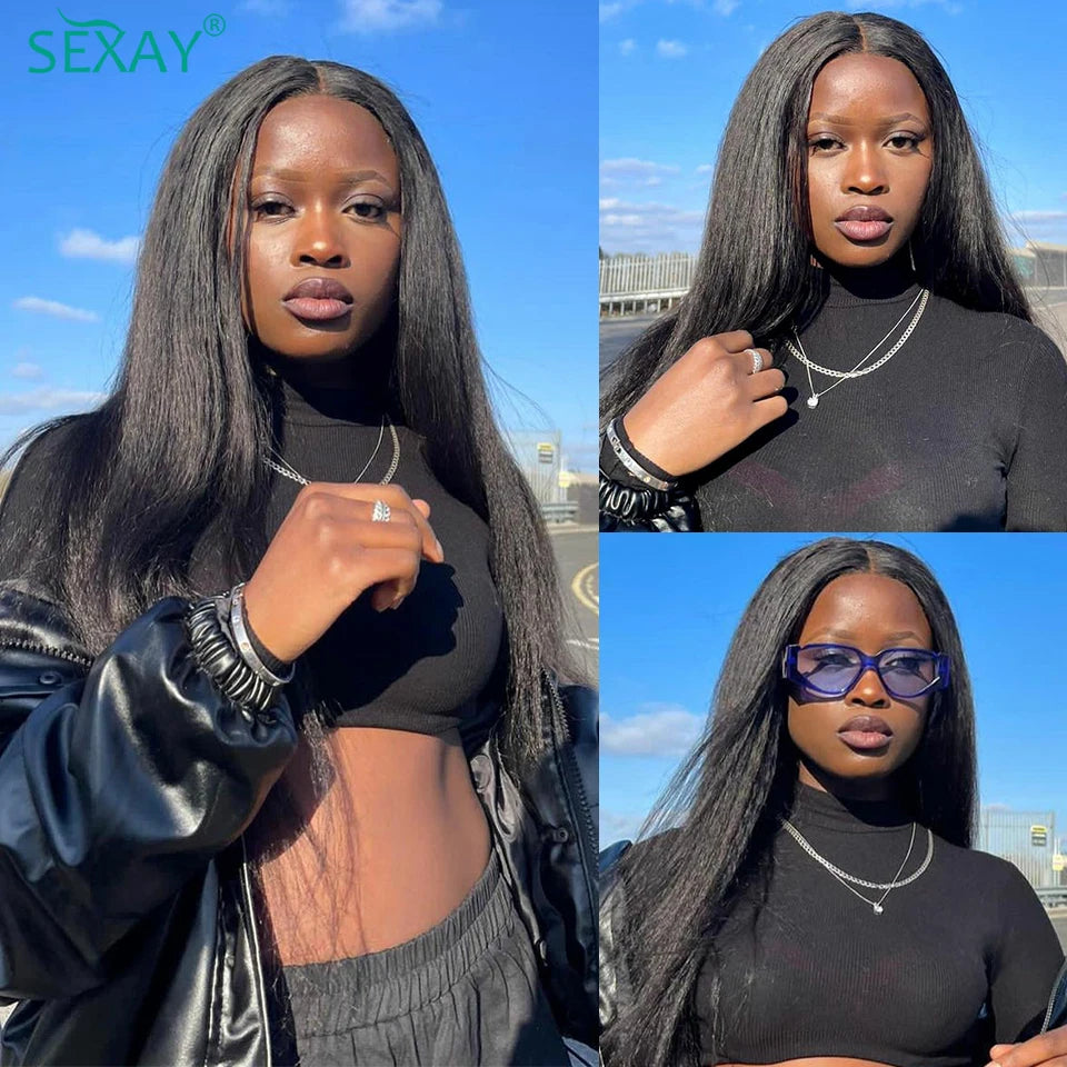 Kinky Straight Bundles With Closure Free Part Brazilian Coarse Yaki Human Hair Weave Bundles With HD Transparent Lace Frontal