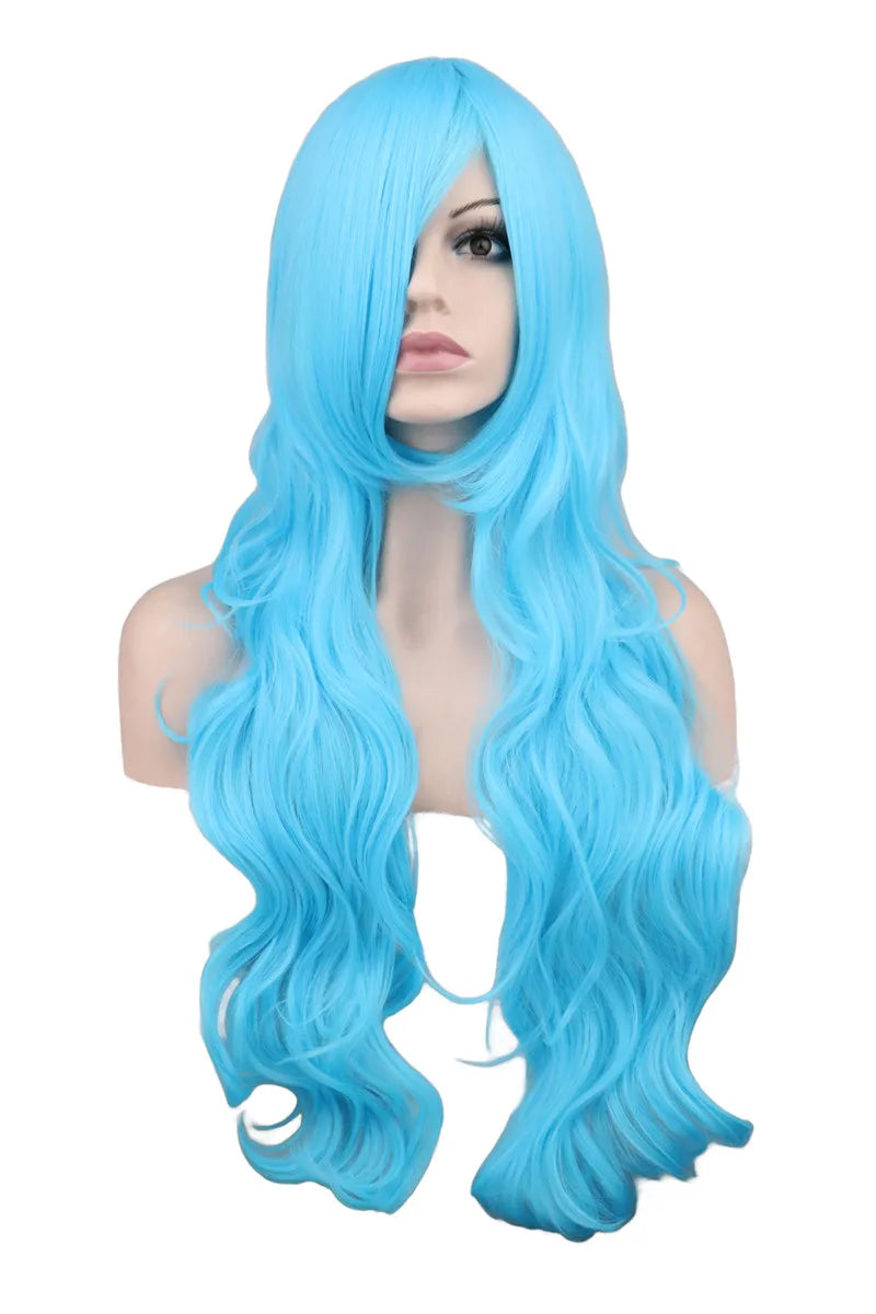 Long Wavy Cosplay Wigs For Women Party Costume Black White Red Pink Blue Blonde Orange Synthetic Hair Wigs with Bangs