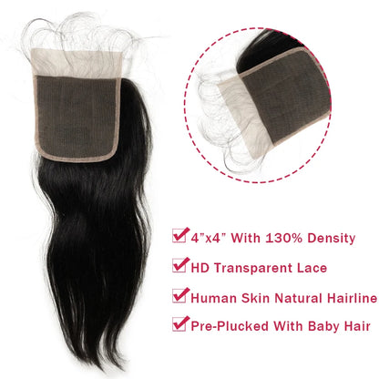 4x4 HD Lace Closure Straight Virgin Human Hair 13x4 Swiss Lace Frontal 6x6 HD Lace Closure Natural Color Pre-Plucked Hairline