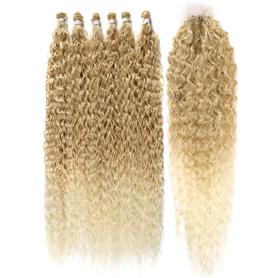 Synthetic Blonde Bundles With Closure Organic Fake Hair Extensions Tangle Free Loose Wave Bundles 32Inch Ombre Long Curly Wig