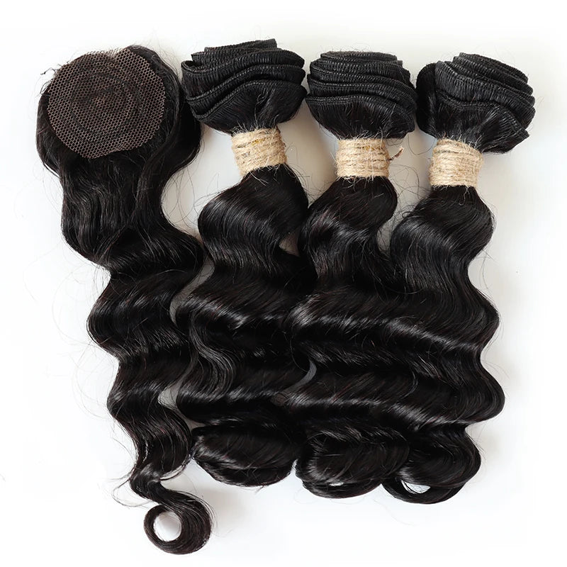 Brazilian Straight Bundles With Closure Machine Made Closure 100% Remy Human Hair 3 Bundles With Closure Natural Color