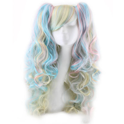 Synthetic Hair Wigs Cosplay Wig With Bangs Wavy Costume Wigs For Women Long Two Claw Clip Ponytail Wig Pink Red Blue Black White