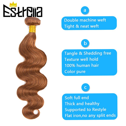 Gold Brown Body Wave Human Hair Bundles with Closure Brazilian Color 30 Remy Human Hair Bundles with 4x4 Lace Closure Free Part
