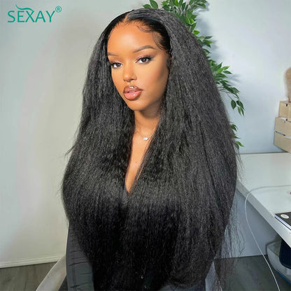 Kinky Straight Bundles With Closure Free Part Brazilian Coarse Yaki Human Hair Weave Bundles With HD Transparent Lace Frontal