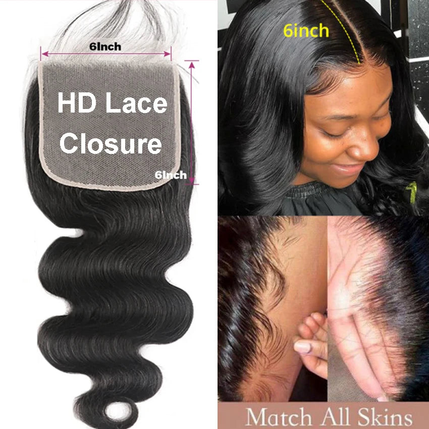 4x4 5x5 6x6 HD Lace Closure Only Body Wave Transparent Lace Frontal Closures Remy Brazilian Human Hair Lemoda HD Lace Closure