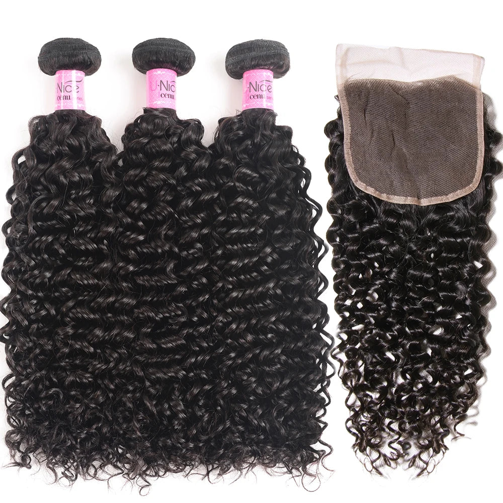 UNice Hair Curly Hair Bundles With 4x4 Closure Natural Color 2/3/4 PCS Human Hair Bundles And Closure Can Make 250% Density Wigs