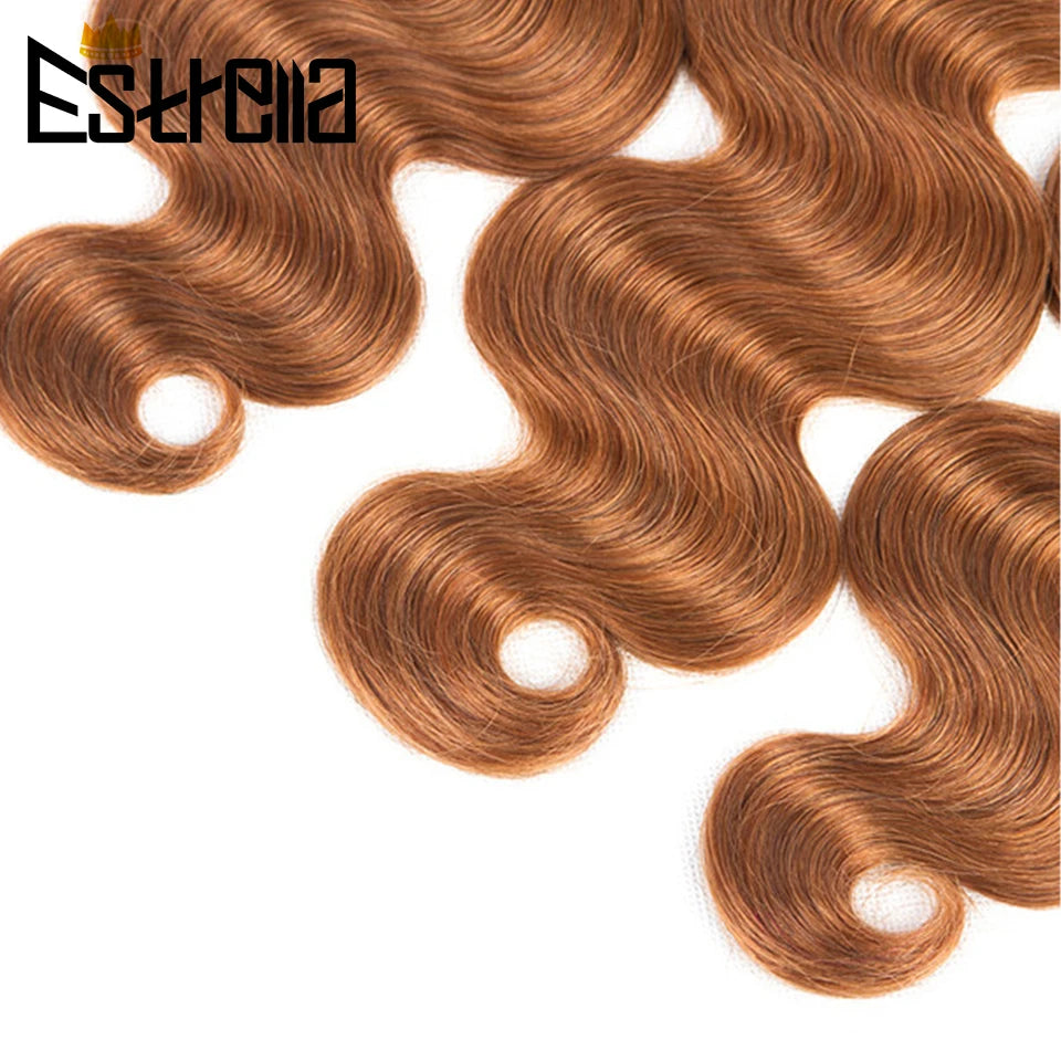 Gold Brown Body Wave Human Hair Bundles with Closure Brazilian Color 30 Remy Human Hair Bundles with 4x4 Lace Closure Free Part