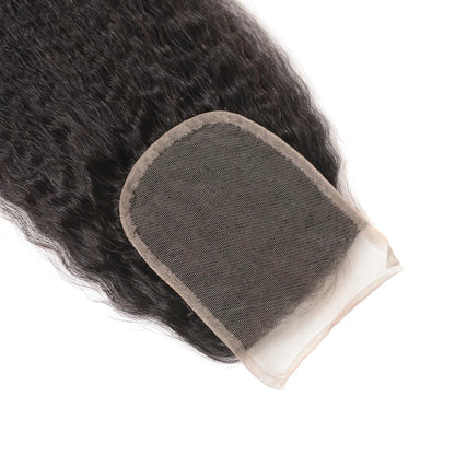 Kinky Straight Bundles With Closure Free Part Brazilian Coarse Yaki Human Hair Weave Bundles With HD Transparent Lace Frontal