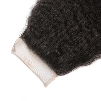 Kinky Straight Bundles With Closure Free Part Brazilian Coarse Yaki Human Hair Weave Bundles With HD Transparent Lace Frontal