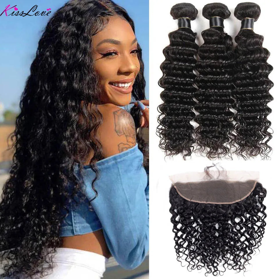 Kiss Love Brazilian Hair Deep Wave Bundles With Frontal 100% Human Hair Weave Frontal with Bundles Remy Hair
