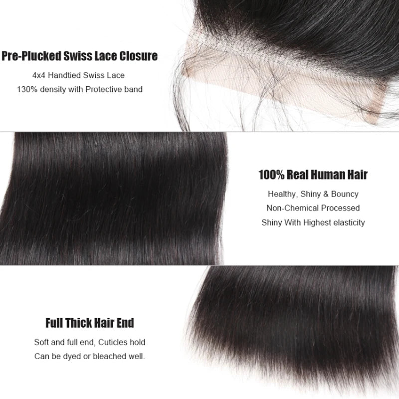 4x4 HD Lace Closure Straight Virgin Human Hair 13x4 Swiss Lace Frontal 6x6 HD Lace Closure Natural Color Pre-Plucked Hairline