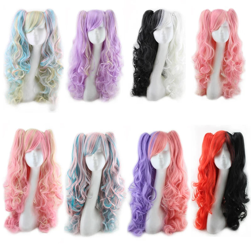 Synthetic Hair Wigs Cosplay Wig With Bangs Wavy Costume Wigs For Women Long Two Claw Clip Ponytail Wig Pink Red Blue Black White