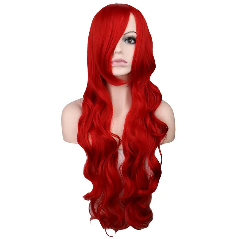 Long Wavy Cosplay Wigs For Women Party Costume Black White Red Pink Blue Blonde Orange Synthetic Hair Wigs with Bangs